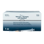 1cc VetriJec™ Syringes with 25 gauge Needles,"Box of syringes with needles and one loose syringe in front"