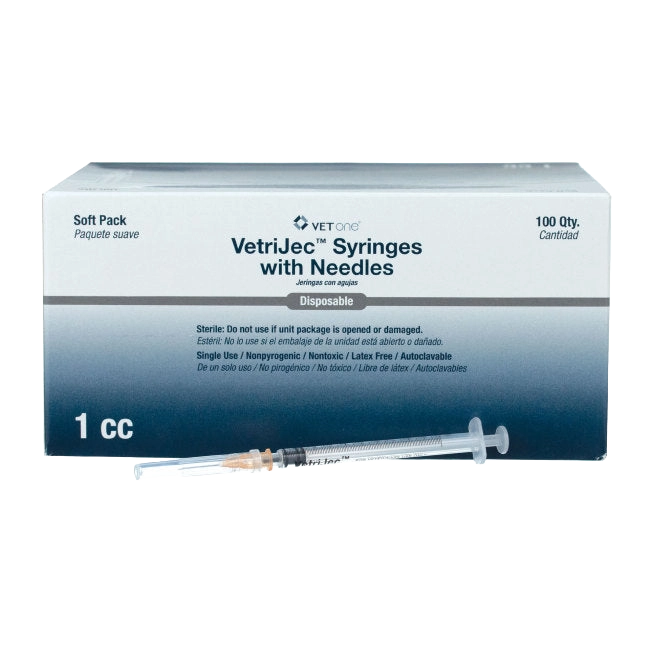 1cc VetriJec™ Syringes with 25 gauge Needles,"Box of syringes with needles and one loose syringe in front"