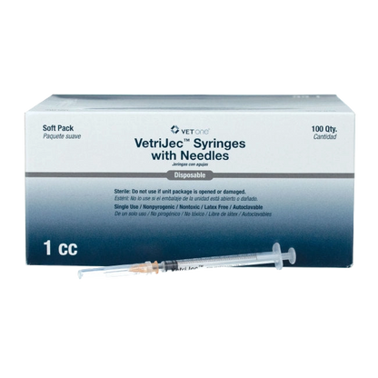 1cc VetriJec™ Syringes with 25 gauge Needles,"Box of syringes with needles and one loose syringe in front"