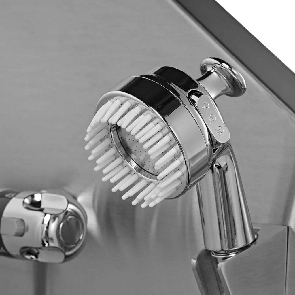 Dog Grooming Electric Tub with Lift-up Door,"Chrome handheld sprayer with white silicone brush head"