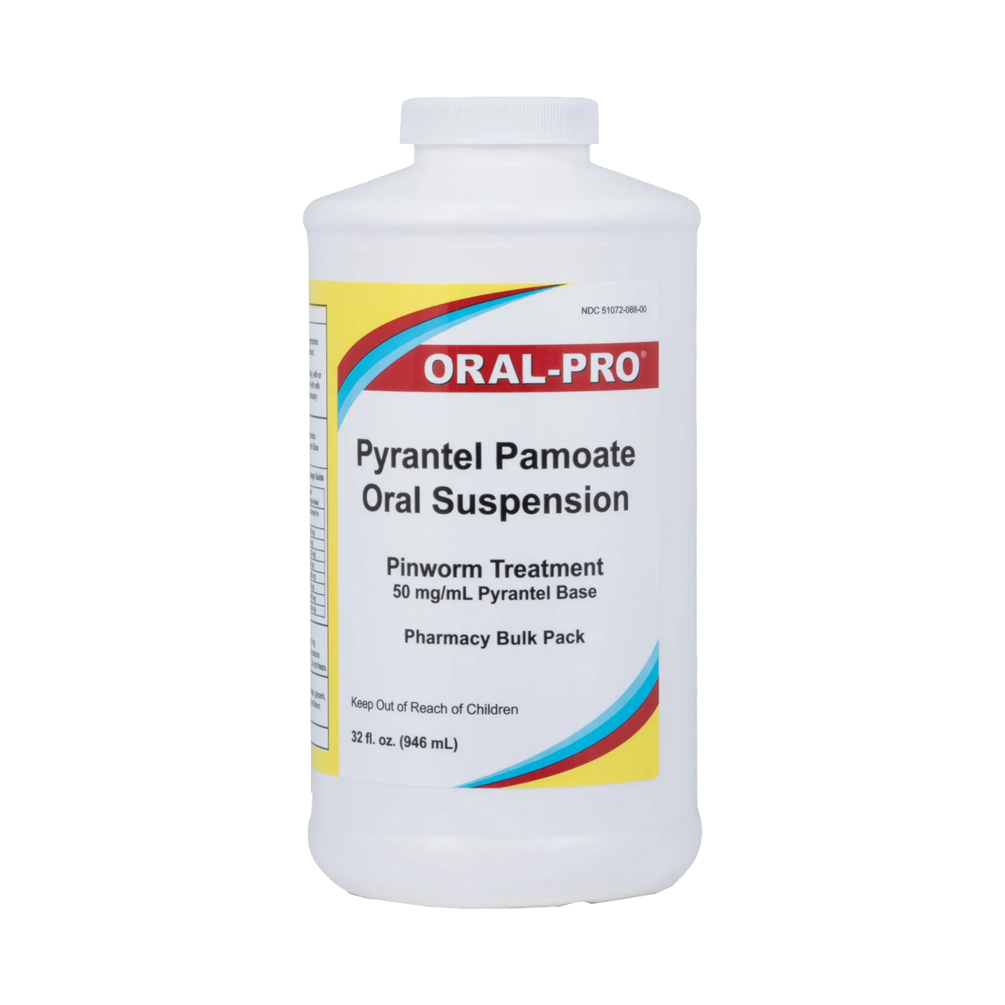 Pyrantel Pamoate Suspension, 50mg","Large white plastic bottle with screw cap and front label"