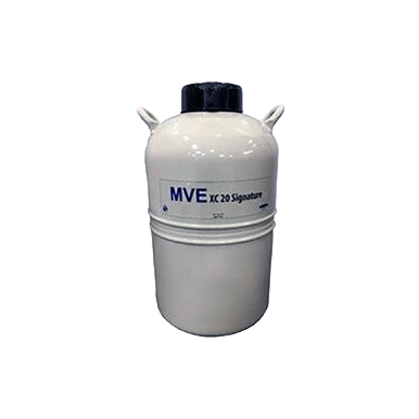 "MVE XC 20 - 20.5 liter/142 day tank - holds 660 - 1/2 mL straws, bulk 840","White cylindrical tank with black lid and side handles"