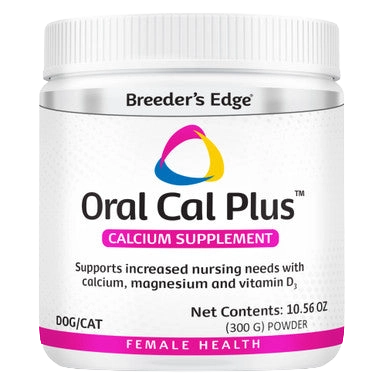 Breeder's Edge® Oral Cal Plus™ Powder,"White supplement powder jar with ribbed screw-top lid"