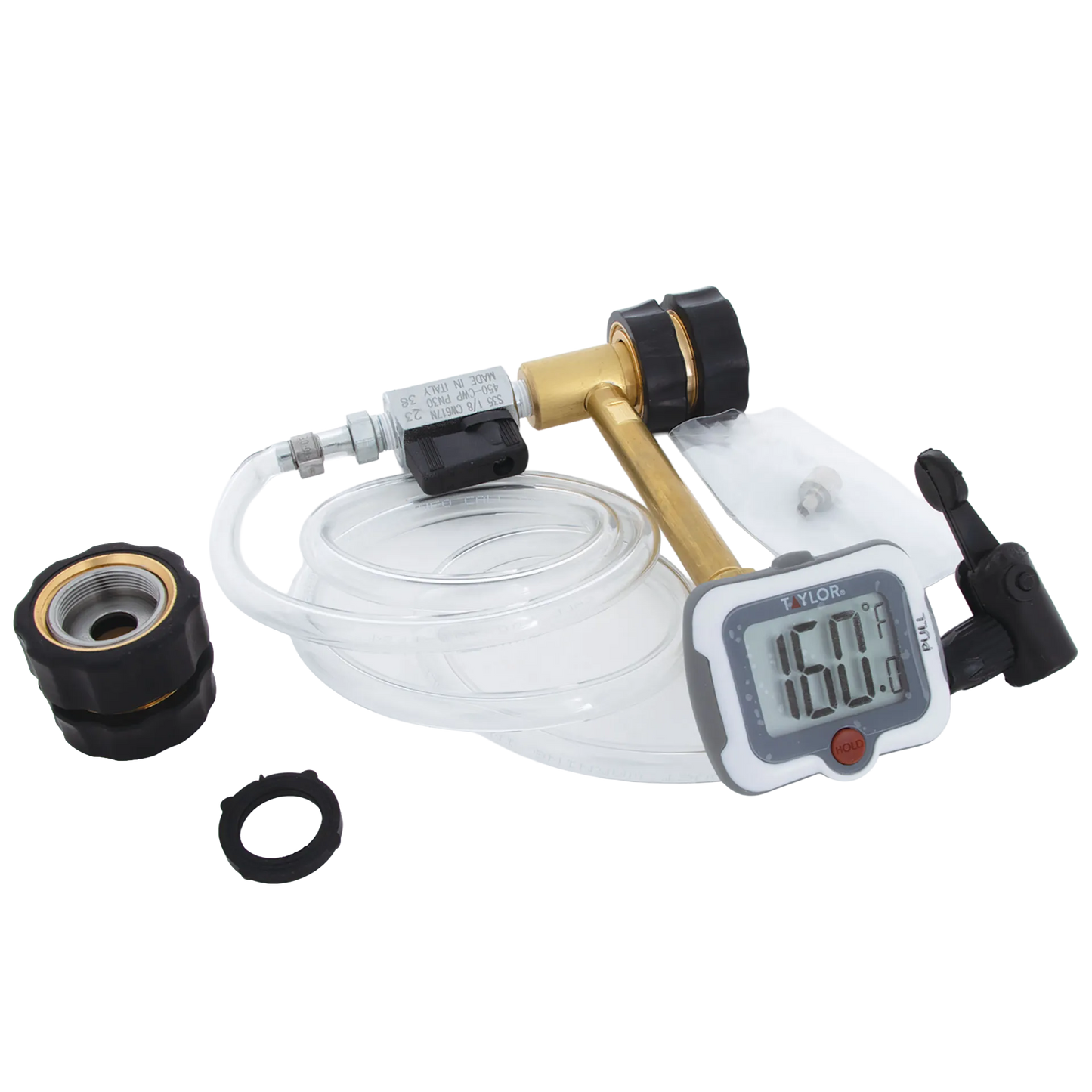 Missouri AV Fill Kit with Thermometer,"Brass valve assembly with clear tubing and digital thermometer"