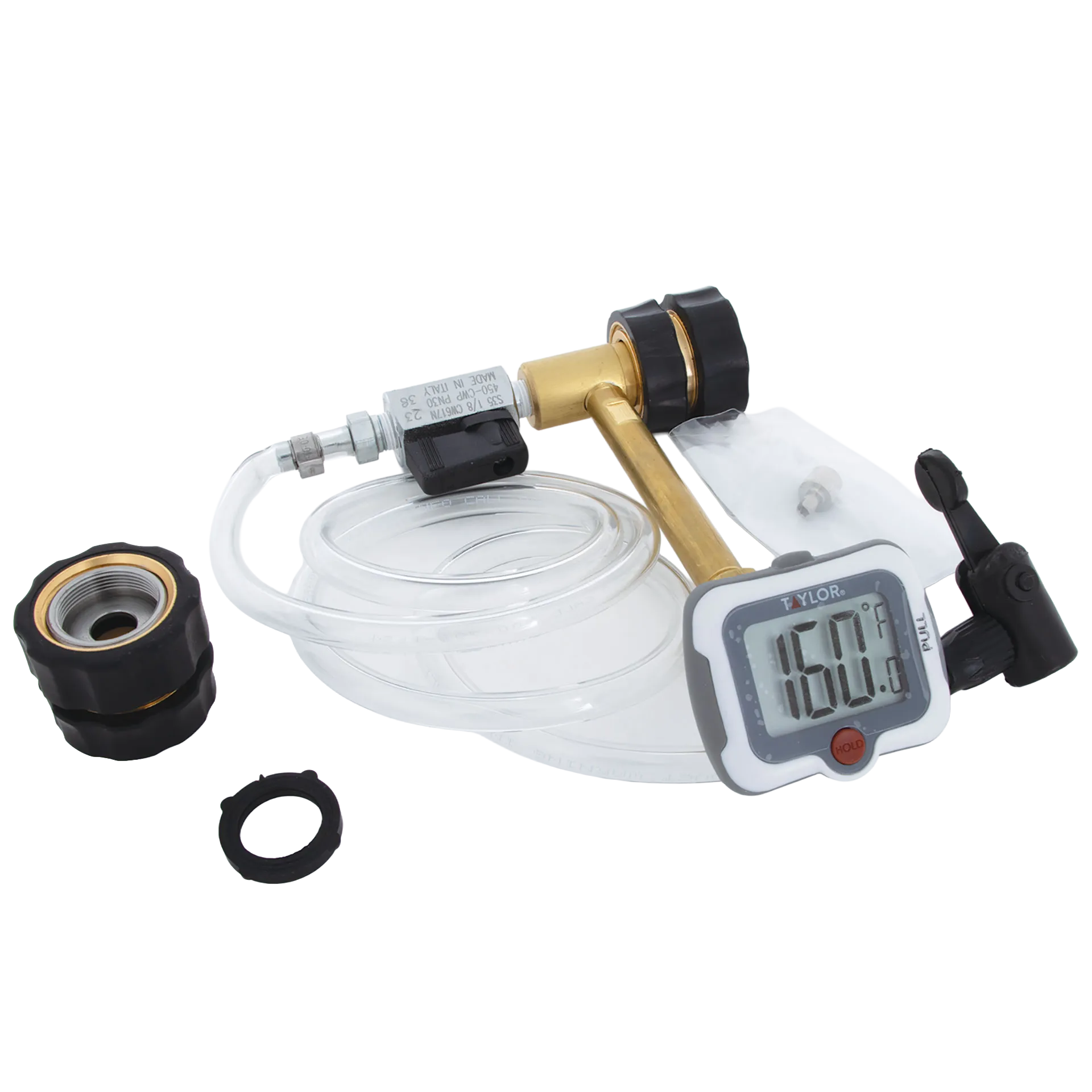 Missouri AV Fill Kit with Thermometer,"Brass valve assembly with clear tubing and digital thermometer"