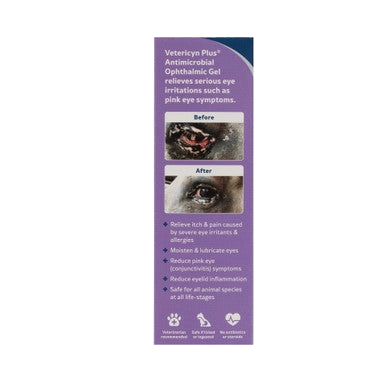 Vetericyn® Plus Animal Ophthalmic Gel,"Purple product box side view with before-and-after eye photos"