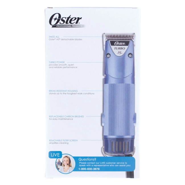 Oster® Turbo A5® 2-Speed Clippers,"Retail box with front-facing clipper image"