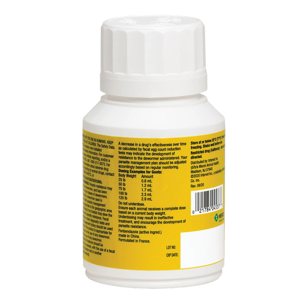 Safe-Guard® Dewormer for Goats Cattle,"White bottle with yellow label, back view"