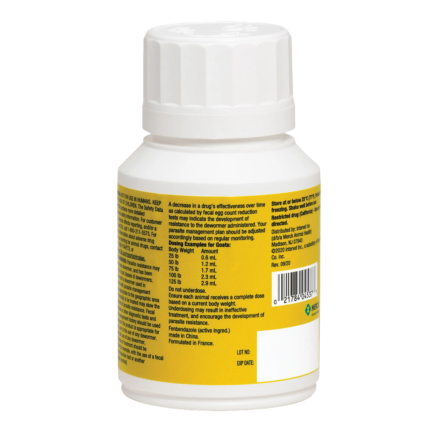 Safe-Guard® Dewormer for Goats Cattle,"White bottle with yellow label, back view"