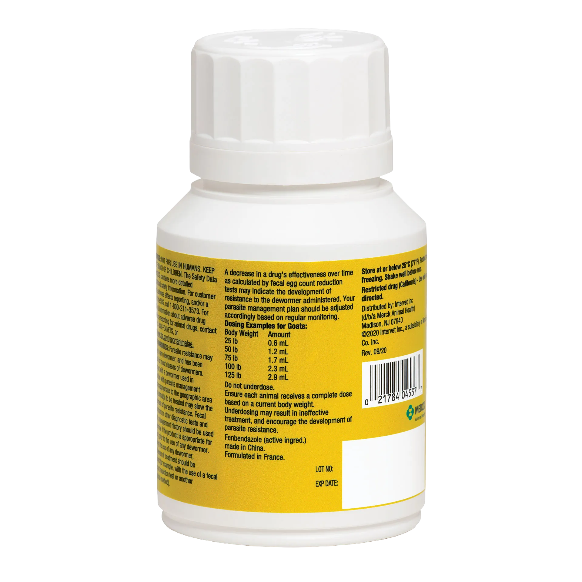 Safe-Guard® Dewormer for Goats Cattle,"White bottle with yellow label, back view"