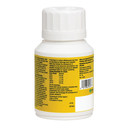 Safe-Guard® Dewormer for Goats Cattle,"White bottle with yellow label, back view"
