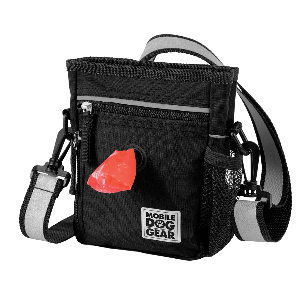 Day/Night Walking Bag,"Black shoulder bag with zip pocket, mesh side holder, and red dispenser"