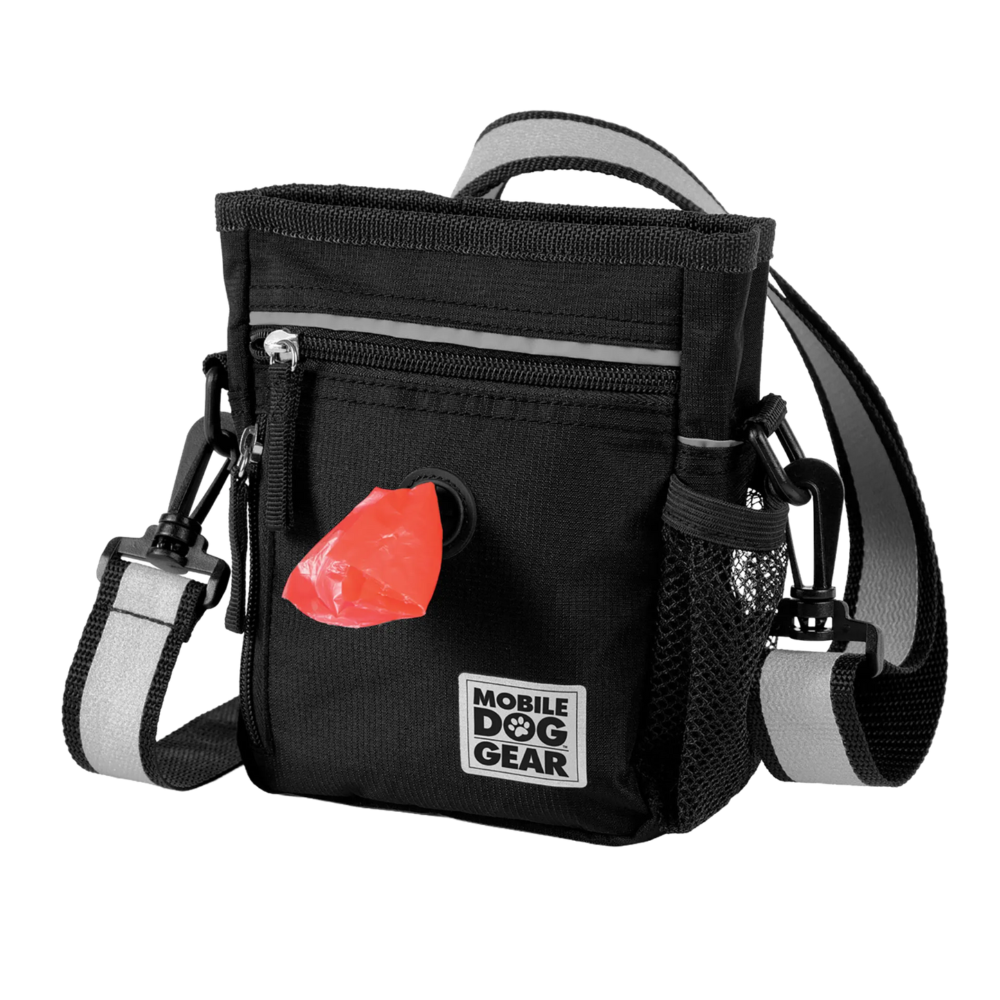 Day/Night Walking Bag,"Black shoulder bag with zip pocket, mesh side holder, and red dispenser"
