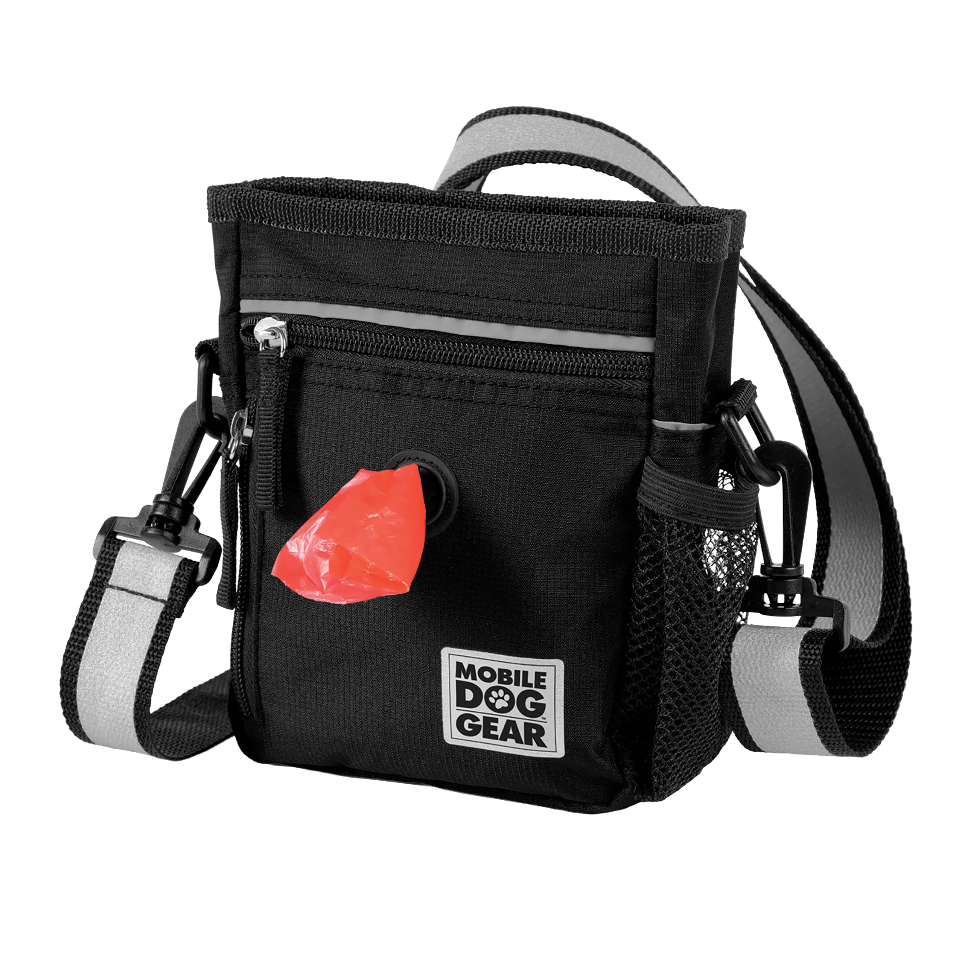 Day/Night Walking Bag,"Black shoulder bag with zip pocket, mesh side holder, and red dispenser"