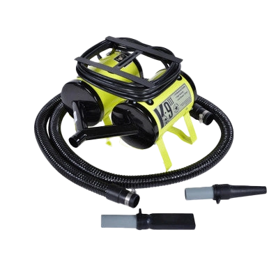 K-9 III Dog Dryer With FREE Water Peeler,"Green and black pet dryer with hose and two nozzle attachments"