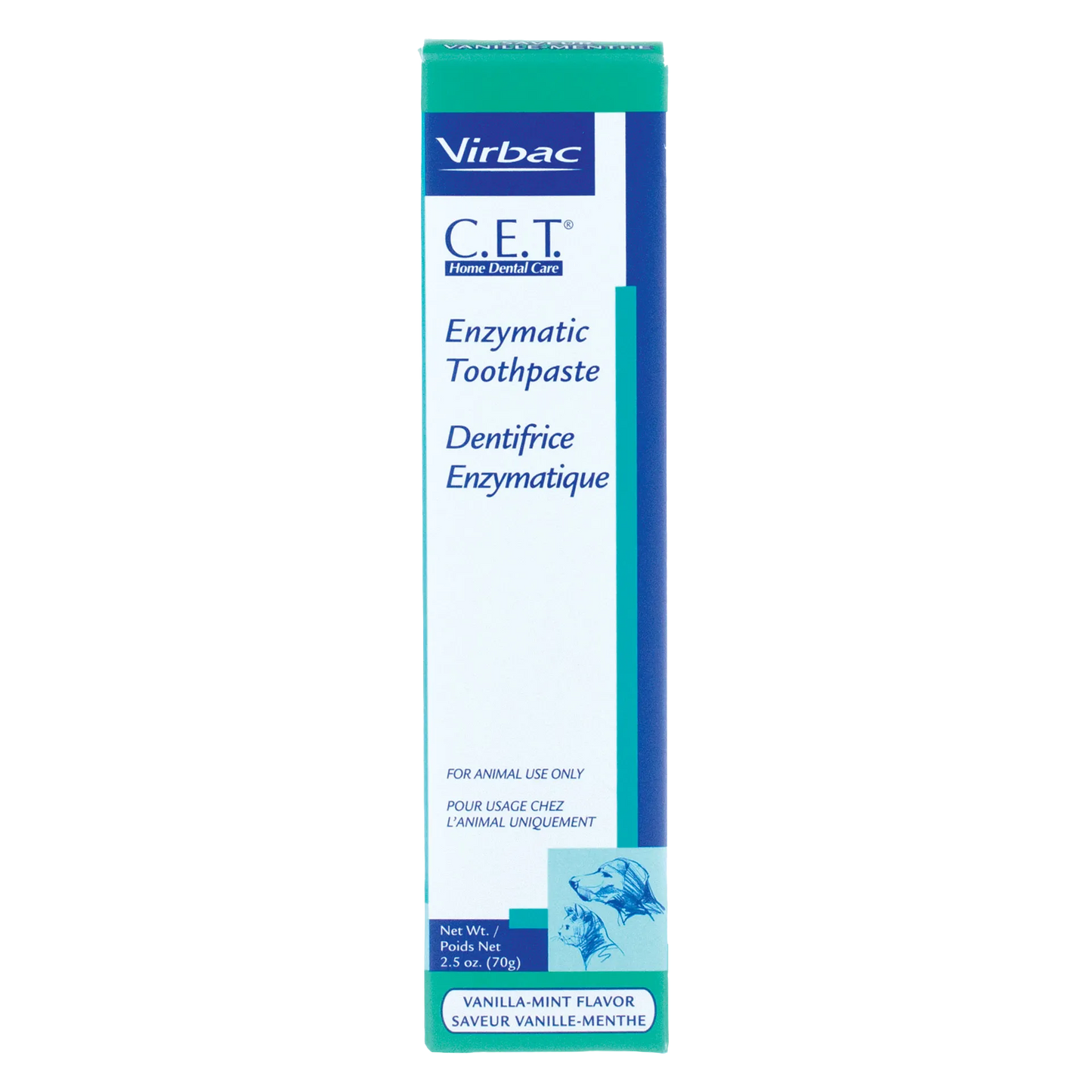 C.E.T.® Enzymatic Toothpaste,"Front view of toothpaste box with dog and cat illustrations"