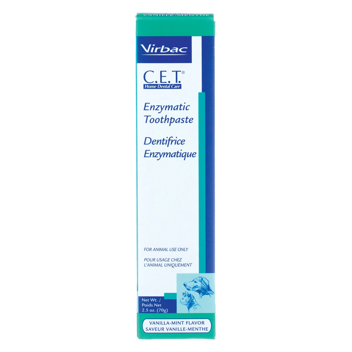 C.E.T.® Enzymatic Toothpaste,"Front view of toothpaste box with dog and cat illustrations"