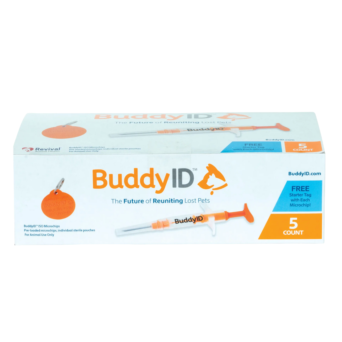 BuddyID®  ISO Microchip,"Microchip box with applicator illustration and orange pet tag"