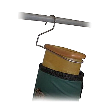 Stainless Steel AV Hanger,"Stainless steel hanger holding a green pouch on a rod"