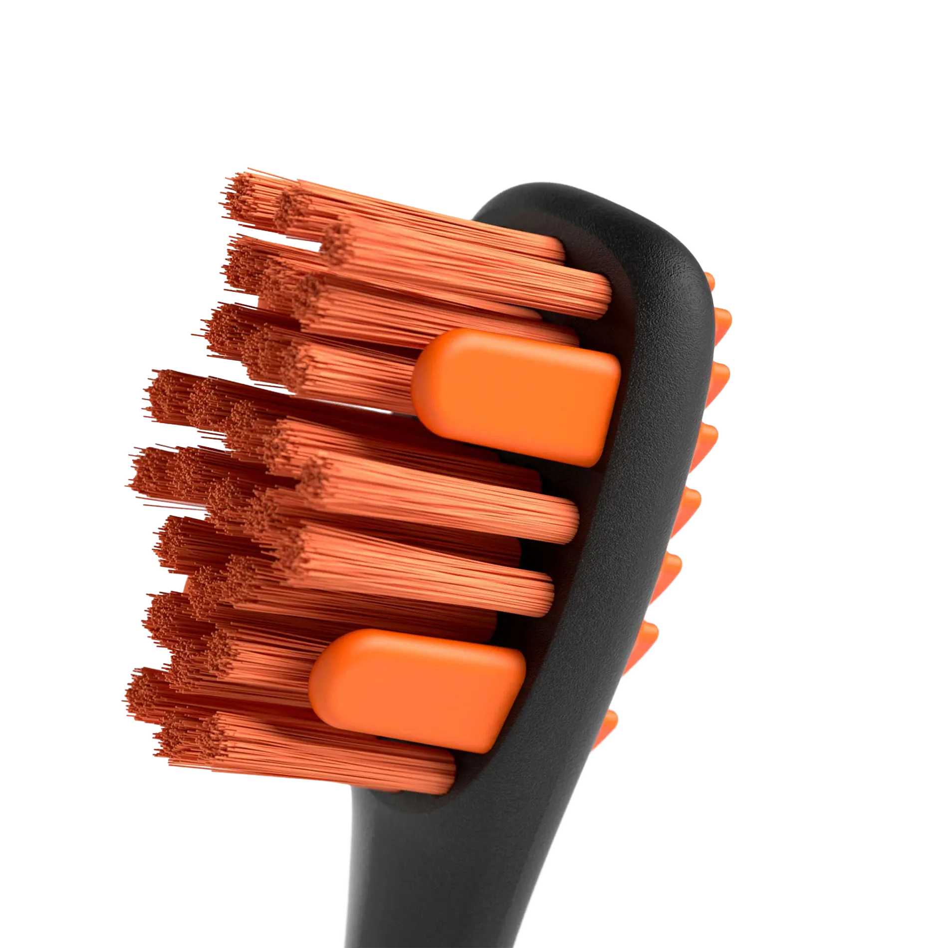 BrushMate Premium Toothbrush with Biteblock,"Close-up of toothbrush head with orange bristles and bite blocks"