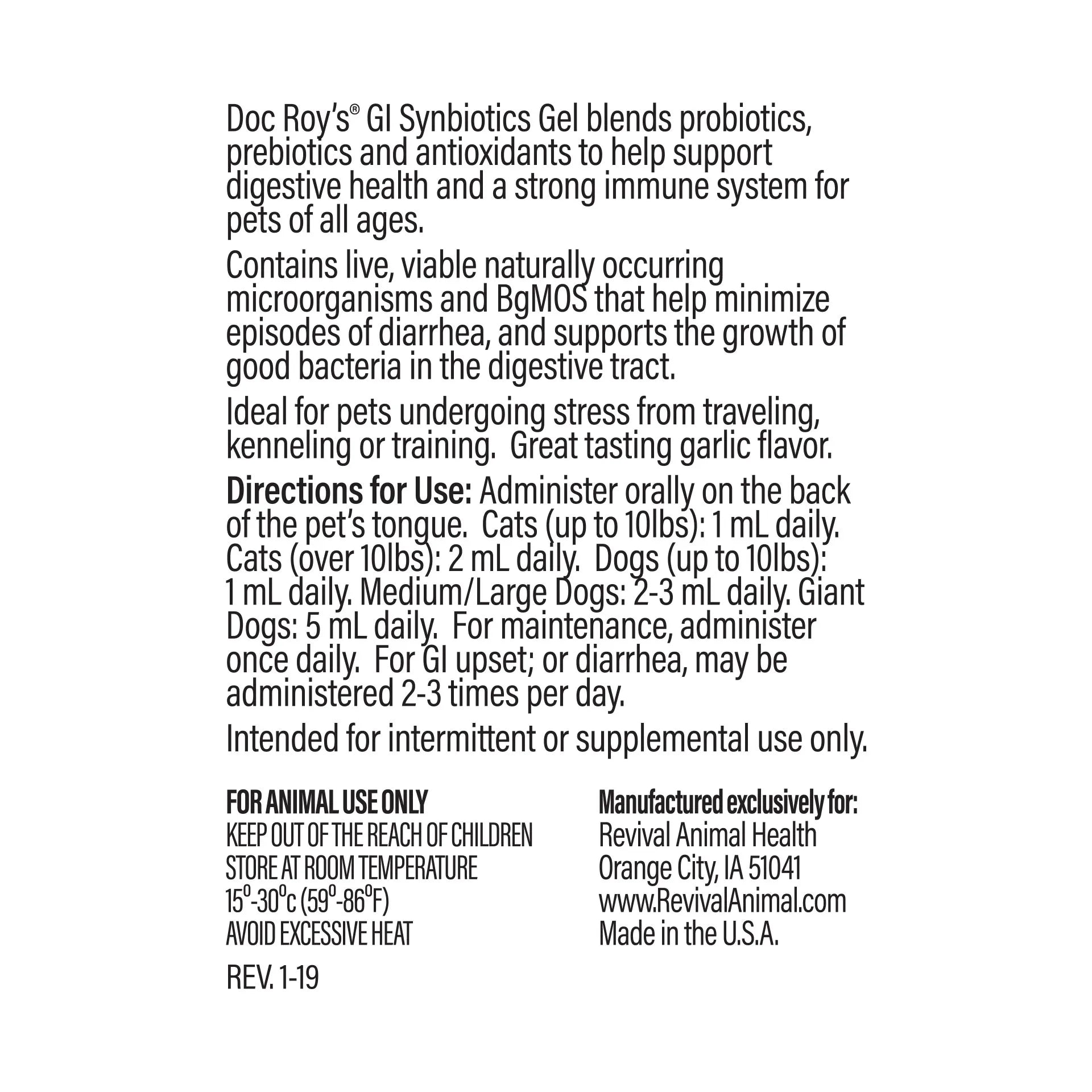 Doc Roy's® GI Synbiotics™,"Back label view of product package with directions panel"