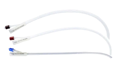Silicone Embryo Flushing Catheter, 28FR,"Three curved clear catheters with colored connectors"