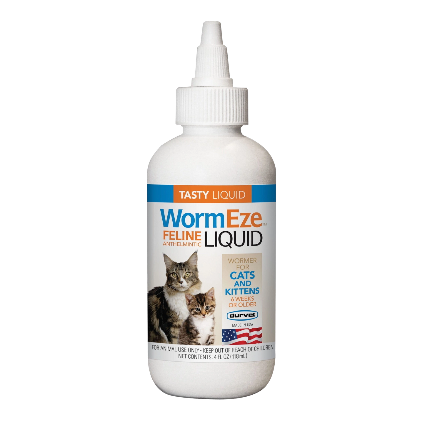 WormEze™ Liquid for Dogs & Cats,"White squeeze bottle with pointed cap and cat label"