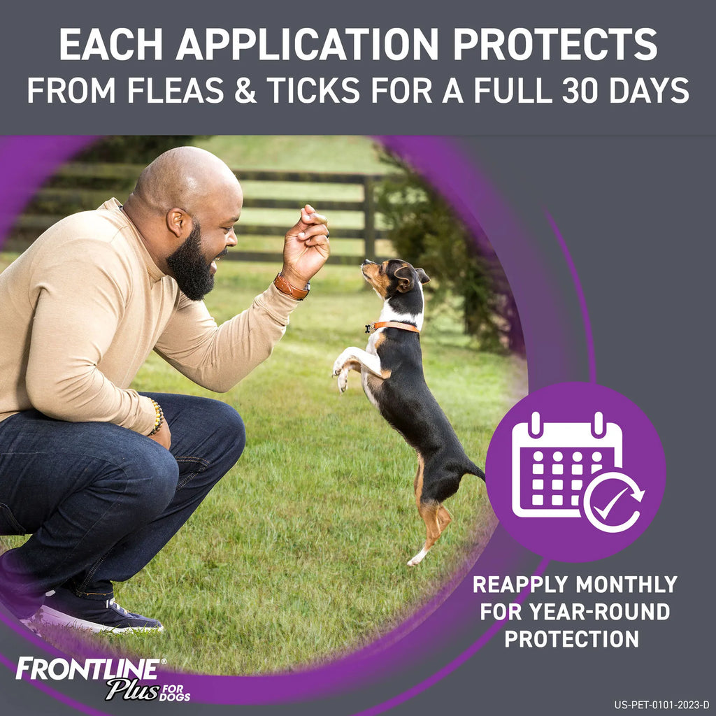 Frontline® Plus for Dogs,"Dog standing on hind legs with owner outdoors"