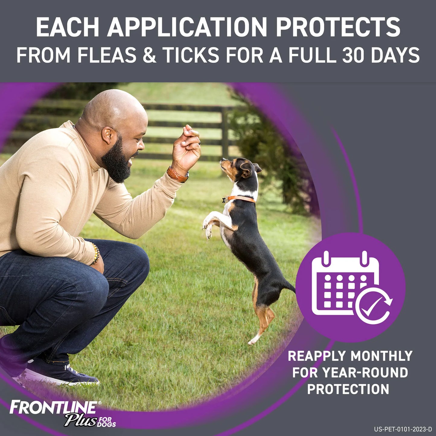 Frontline® Plus for Dogs,"Dog standing on hind legs with owner outdoors"