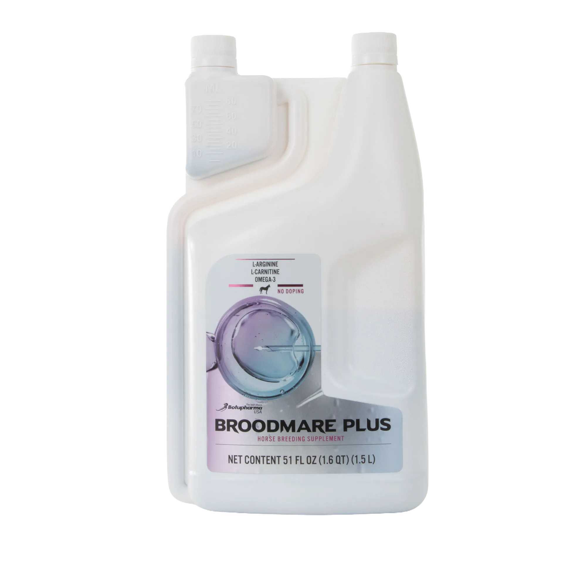 BOTU Broodmare PLUS,"White dual-neck bottle with measuring chamber and front label"