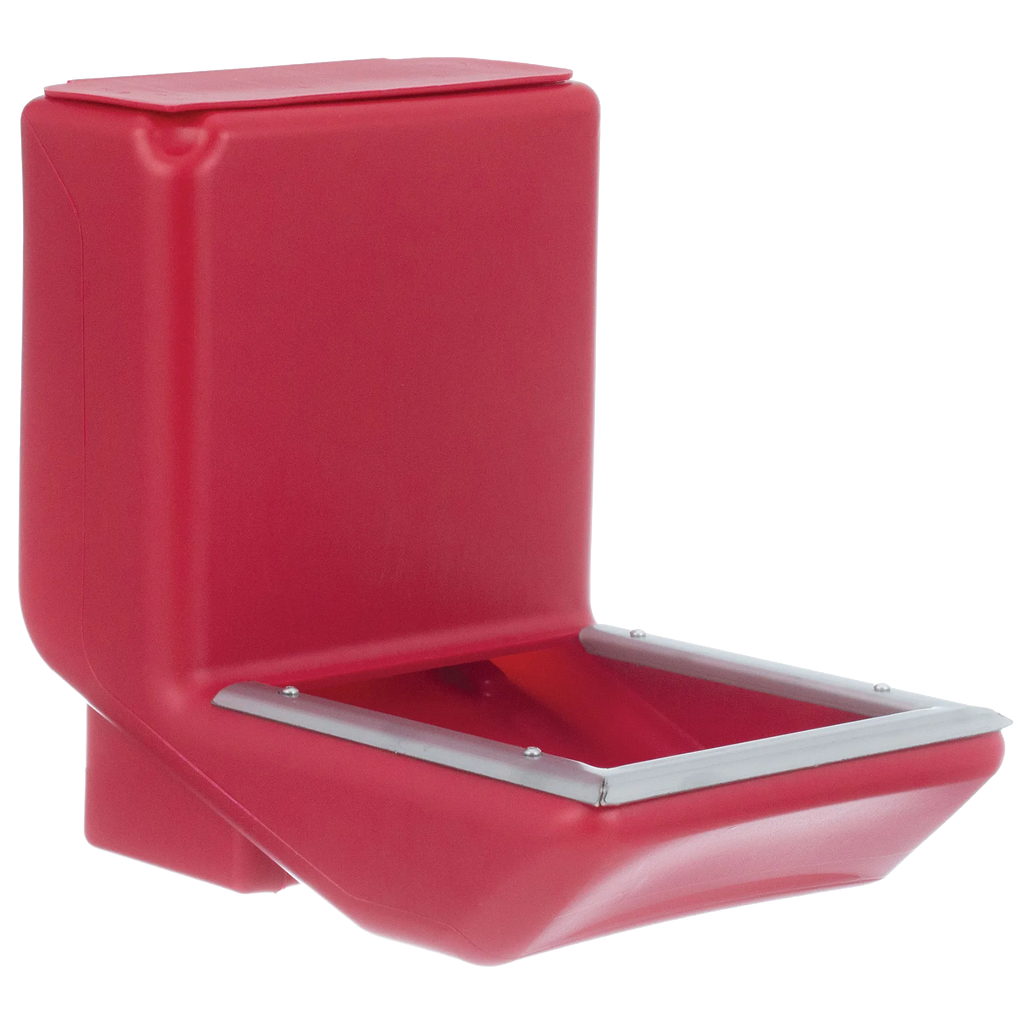 Kane Kennel Feeder,"Red wall-mounted feeder with open trough and metal rim"