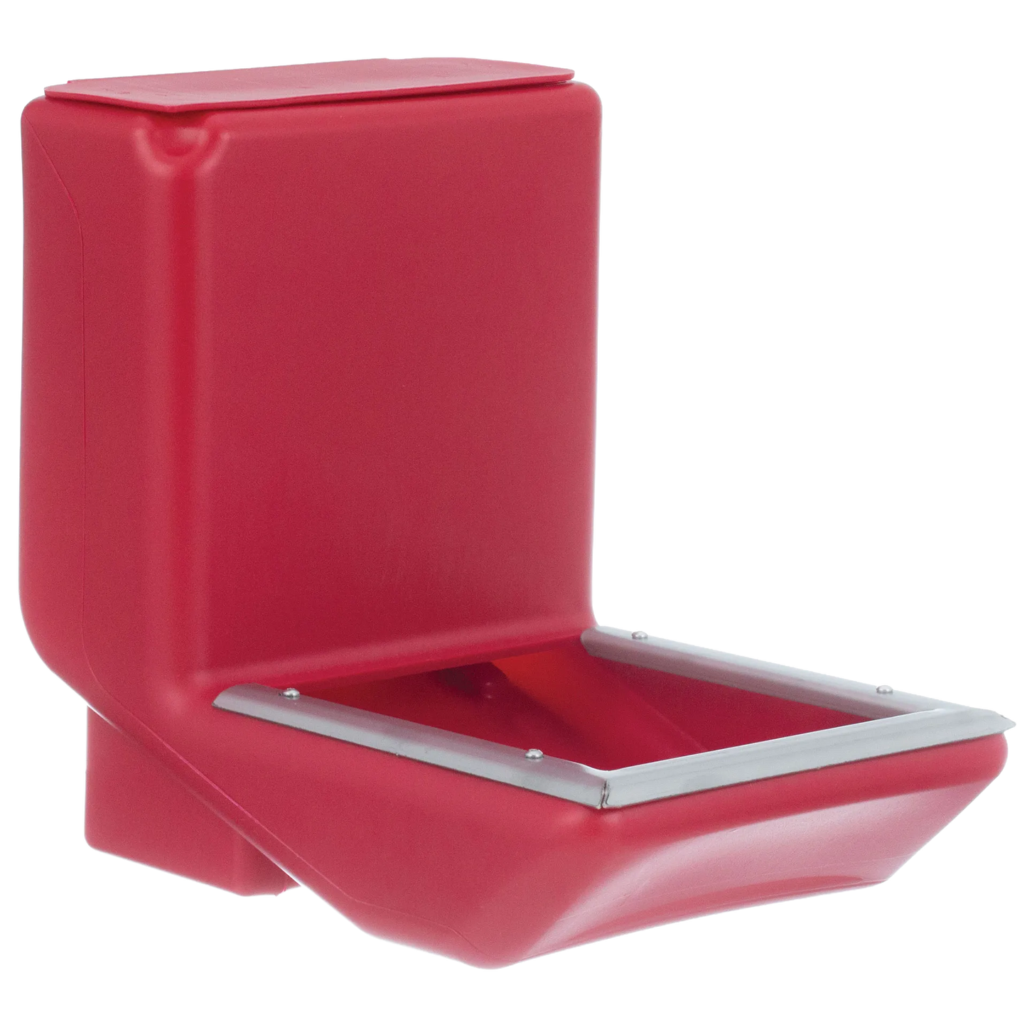 Kane Kennel Feeder,"Red wall-mounted feeder with open trough and metal rim"