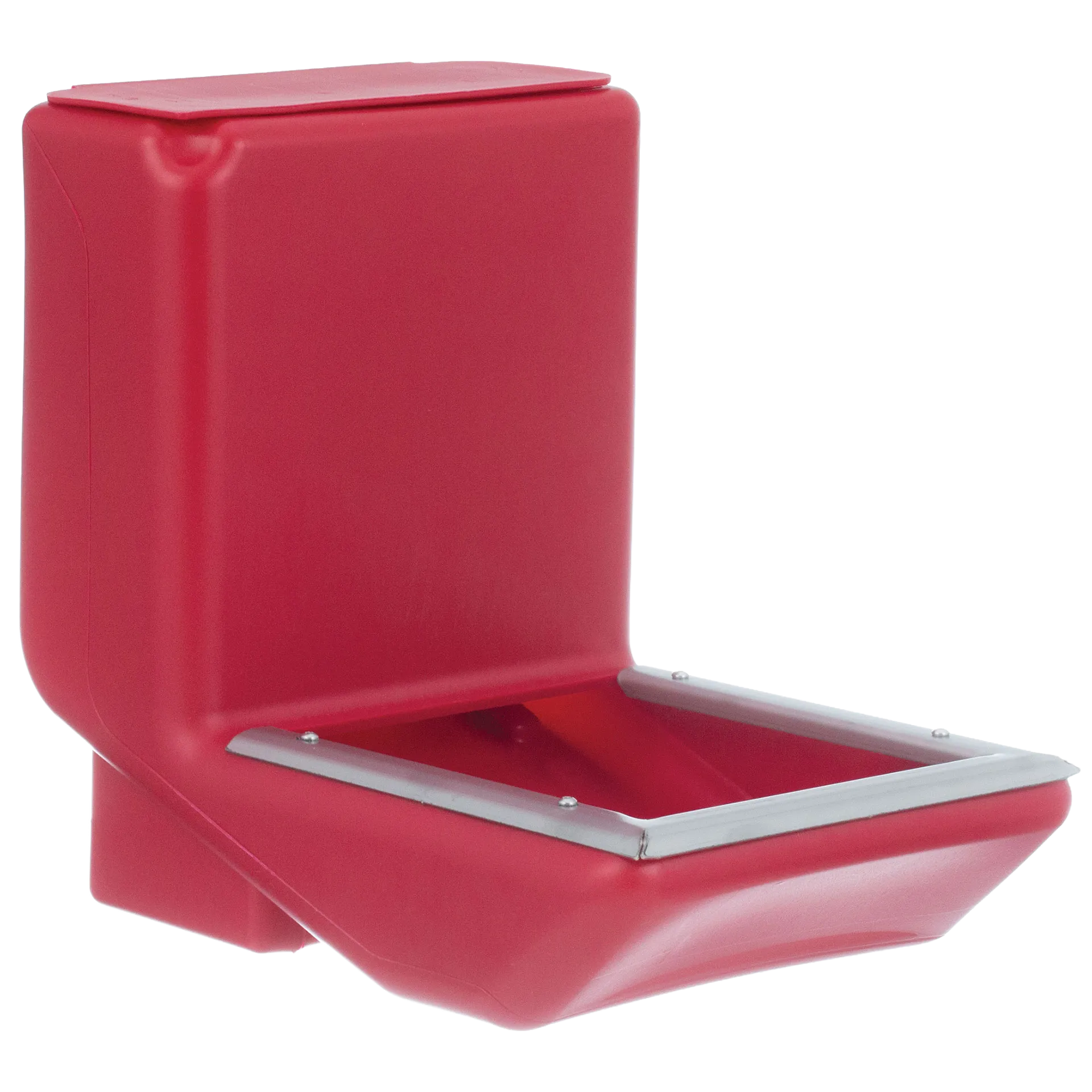 Kane Kennel Feeder,"Red wall-mounted feeder with open trough and metal rim"