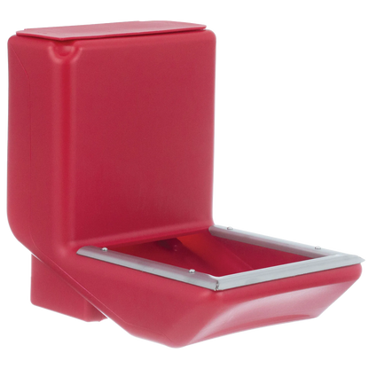 Kane Kennel Feeder,"Red wall-mounted feeder with open trough and metal rim"