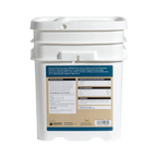 Releira,"White plastic pail with lid, back label view"