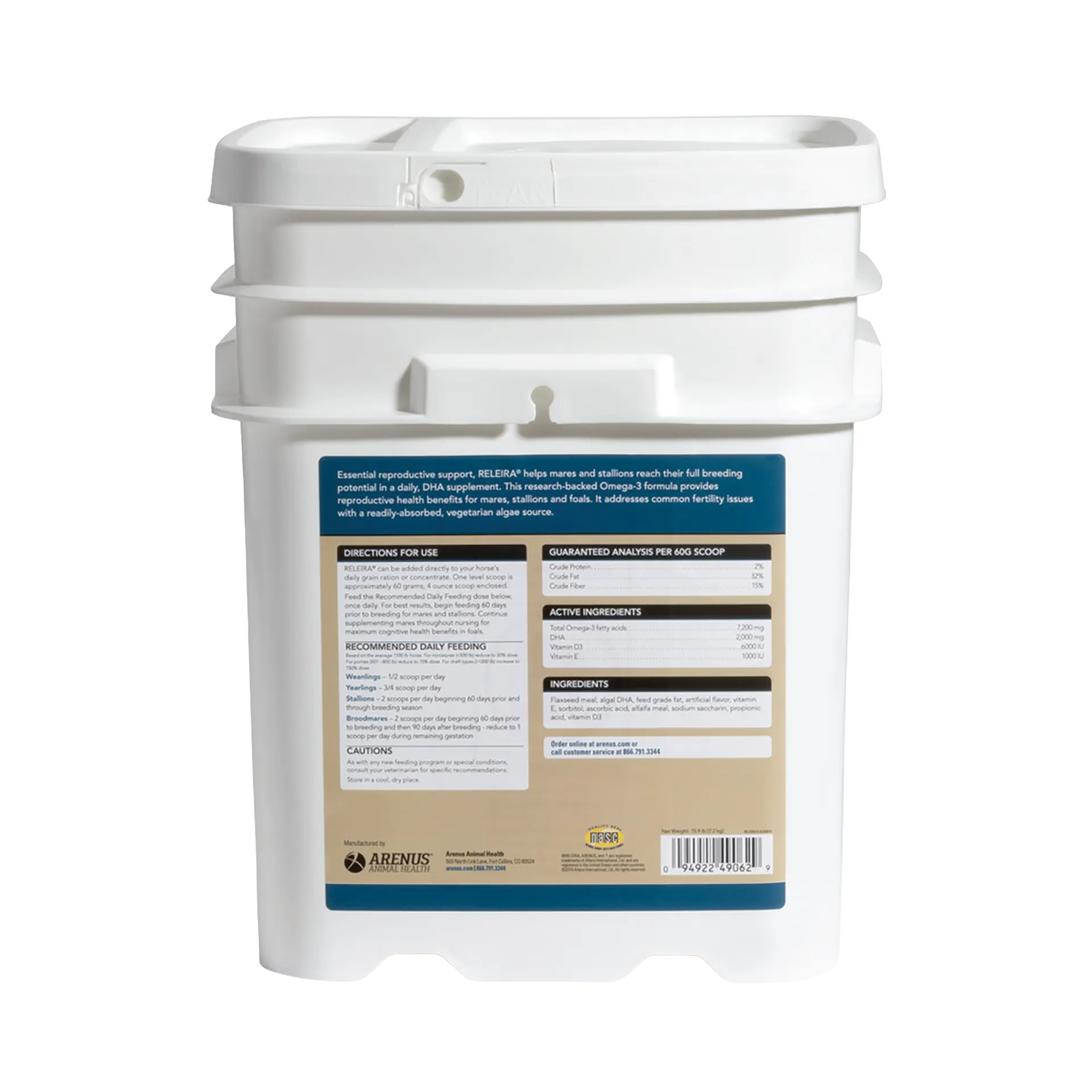 Releira,"White plastic pail with lid, back label view"