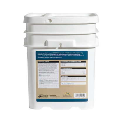 Releira,"White plastic pail with lid, back label view"