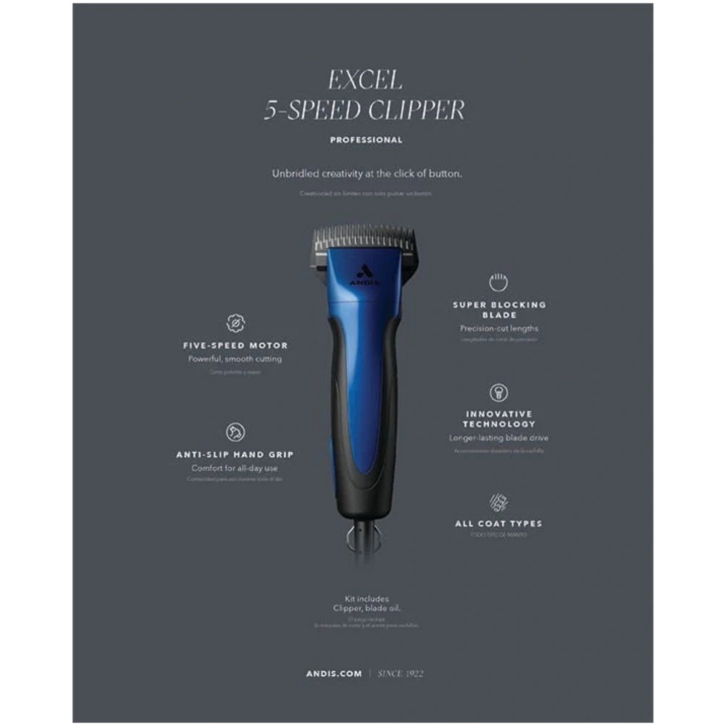 Excel 5-Speed Clipper with Super Blocking Blade Indigo Blue by Andis