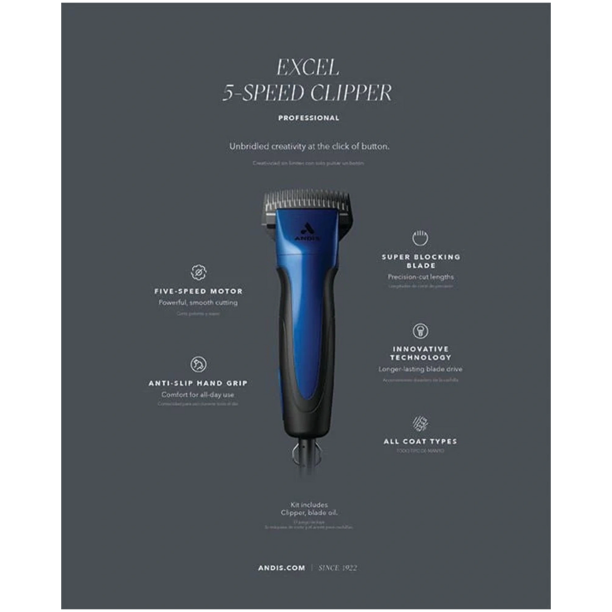 Excel 5-Speed Clipper with Super Blocking Blade Indigo Blue by Andis