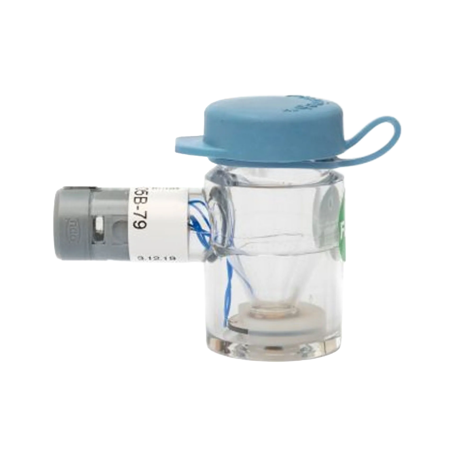 Flexineb® Medium Medication Cup,"Clear medication cup with blue cap and side connector"