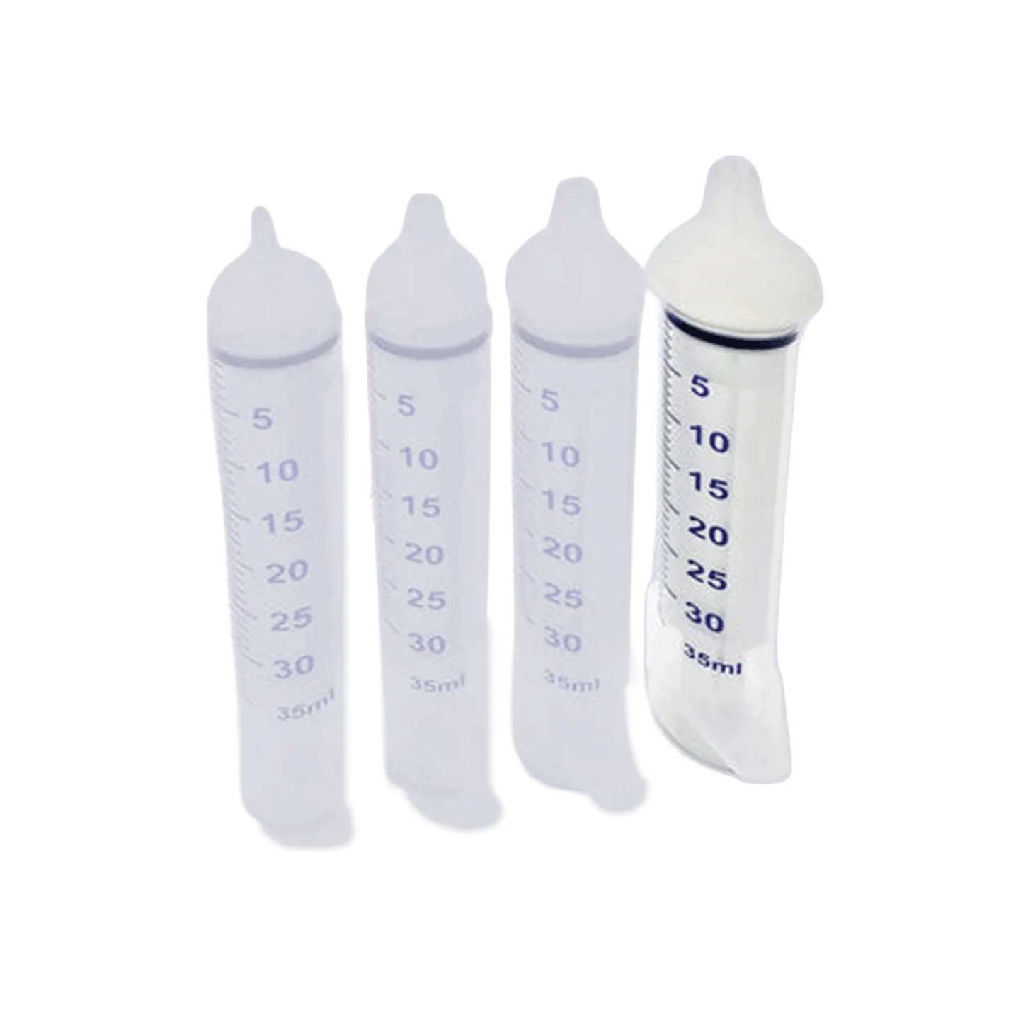Puppywamer Latchons Syringe Nipple Feeders,"Four clear feeding syringes with white nipple tips"