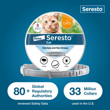 Seresto® Flea & Tick Collars for Cats & Dogs,"Round product package with collar displayed in front"