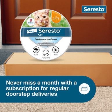 Seresto® Flea & Tick Collars for Cats & Dogs,"Round cat collar package on product box with banner"