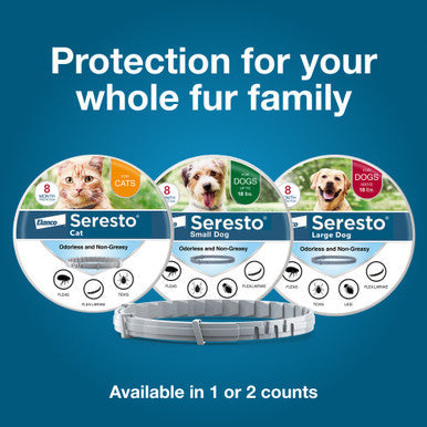 Seresto® Flea & Tick Collars for Cats & Dogs,"Three product boxes with a flea collar displayed in front"