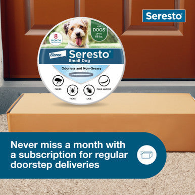 Seresto® Flea & Tick Collars for Cats & Dogs,"Round small dog collar package on box by front door"