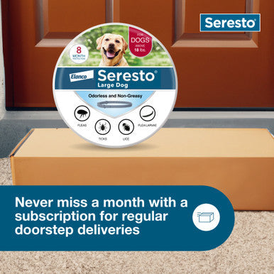 Seresto® Flea & Tick Collars for Cats & Dogs,"Round product package on box with subscription banner"