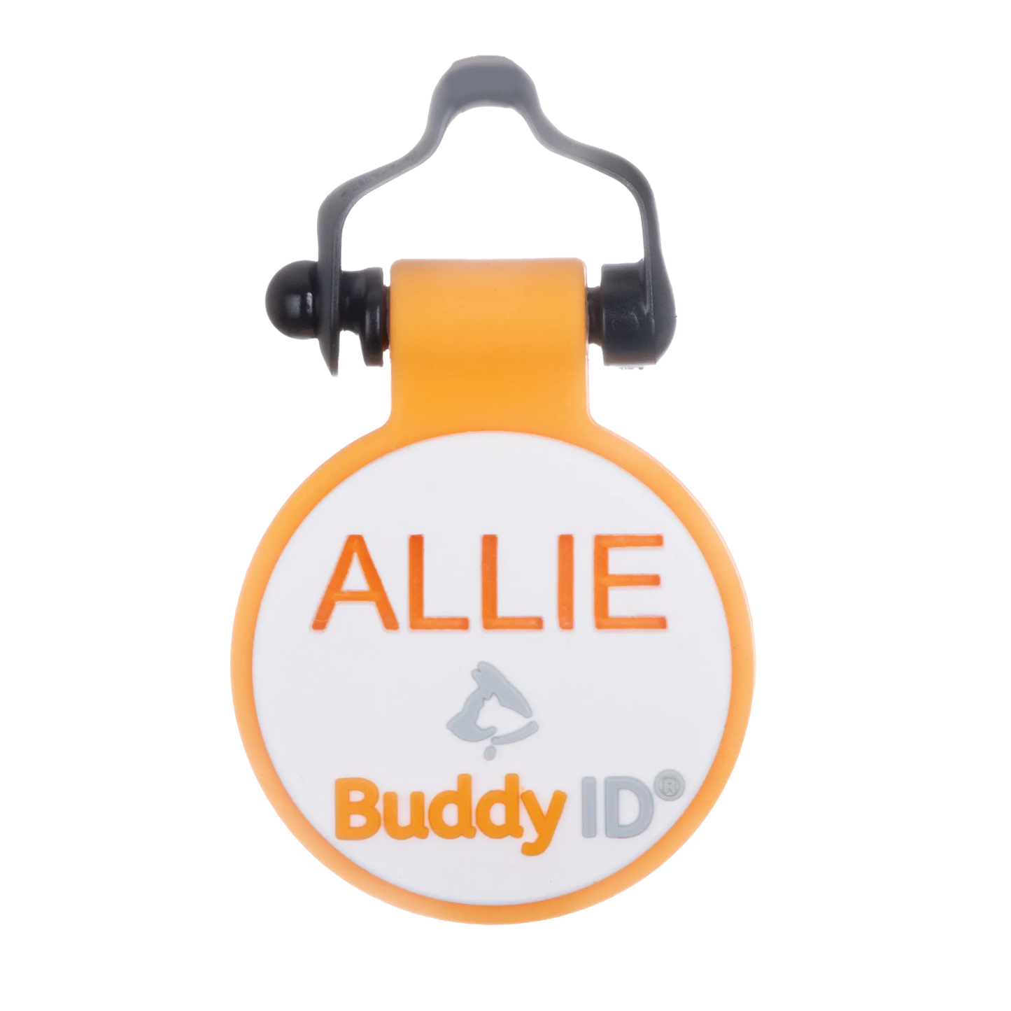 Personalized BuddyID® BuddyBadge® Silicone Collar Tag,"Round orange silicone collar tag with black loop clip"