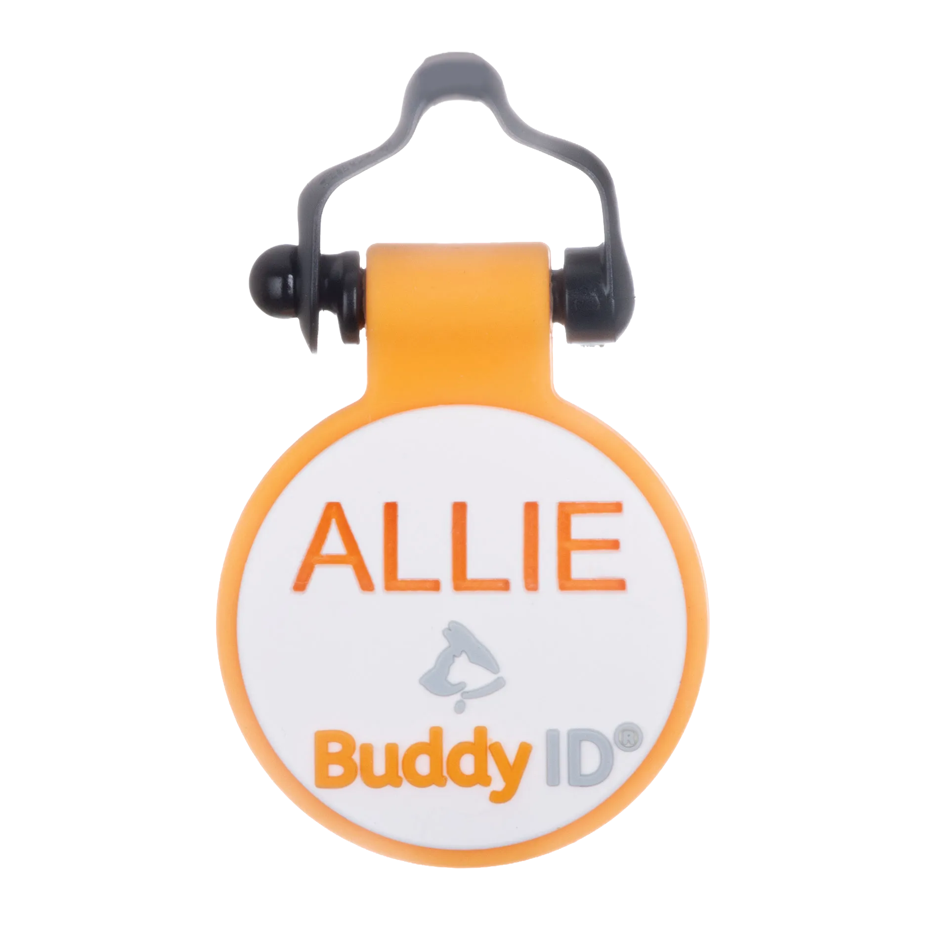 Personalized BuddyID® BuddyBadge® Silicone Collar Tag,"Round orange silicone collar tag with black loop clip"