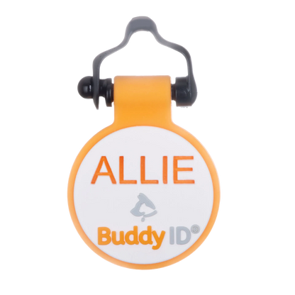 Personalized BuddyID® BuddyBadge® Silicone Collar Tag,"Round orange silicone collar tag with black loop clip"