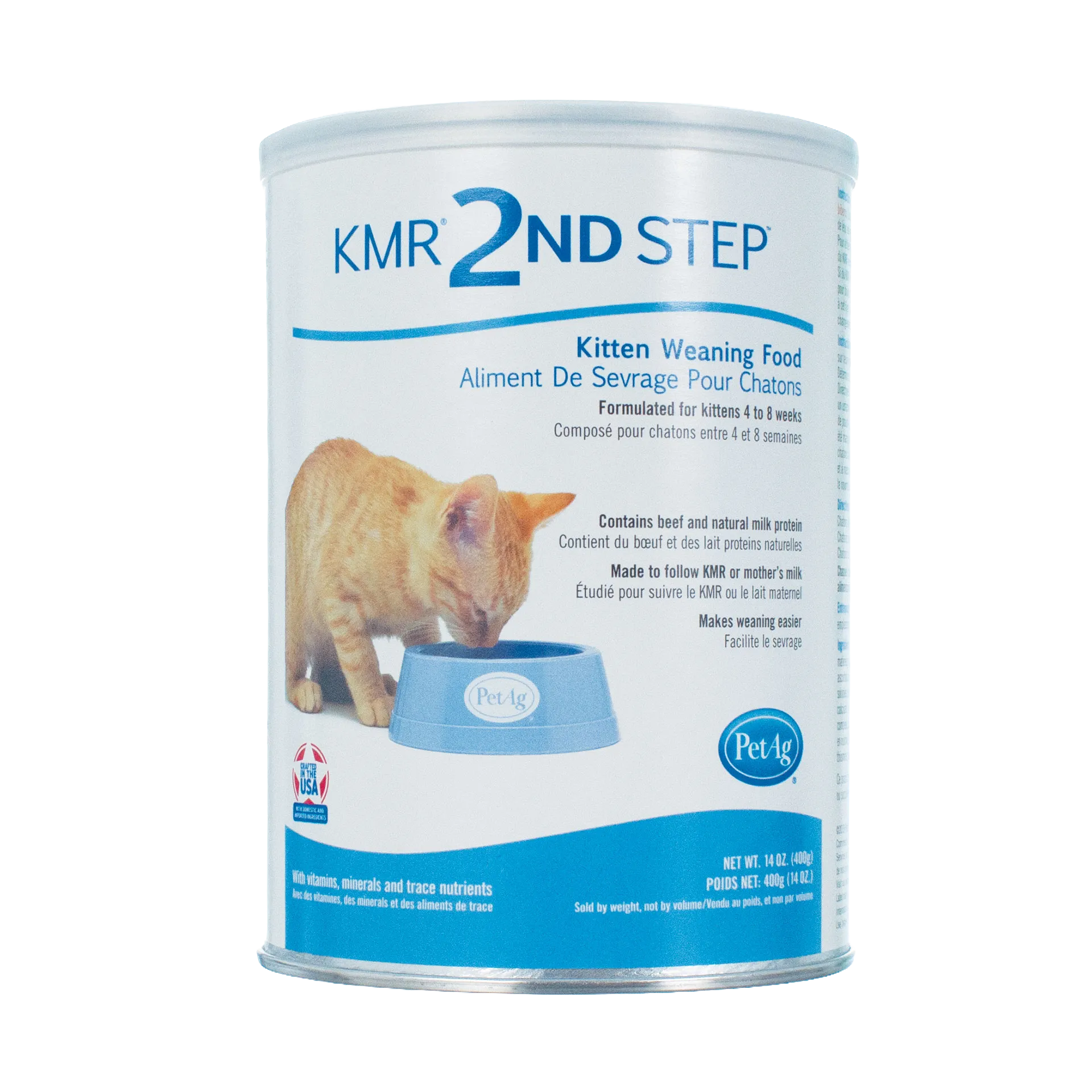 Esbilac® 2nd Step™ Puppy and Kitten Weaning Food,"Front view of can with kitten and blue bowl graphic"